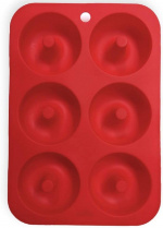 Donut-shaped silicone mold, red.