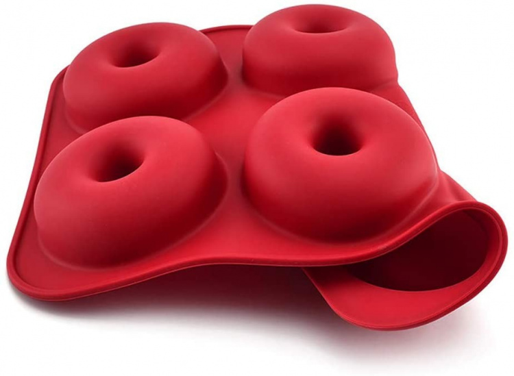 Donut-shaped silicone mold, red.