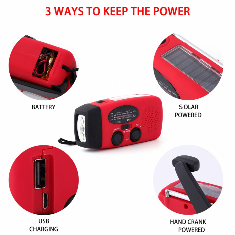 Crank radio with LED light - FM radio, Solar, USB, Red