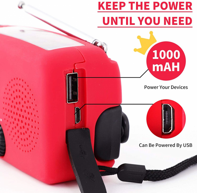 Crank radio with LED light - FM radio, Solar, USB, Red