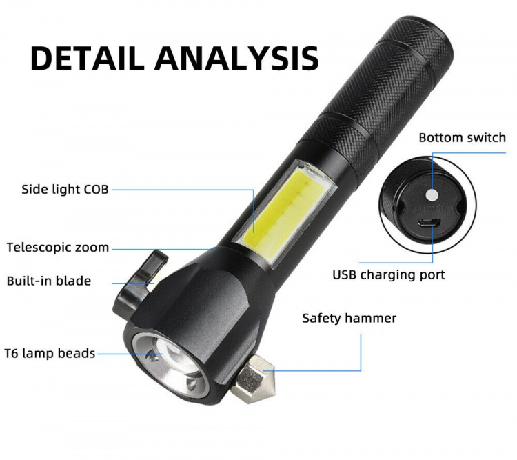 Flashlight with emergency hammer