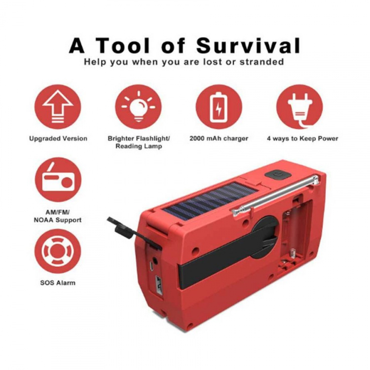 Road Radio / Emergency Radio with LED Light - FM Radio, Solar, Rechargeable Battery, Red