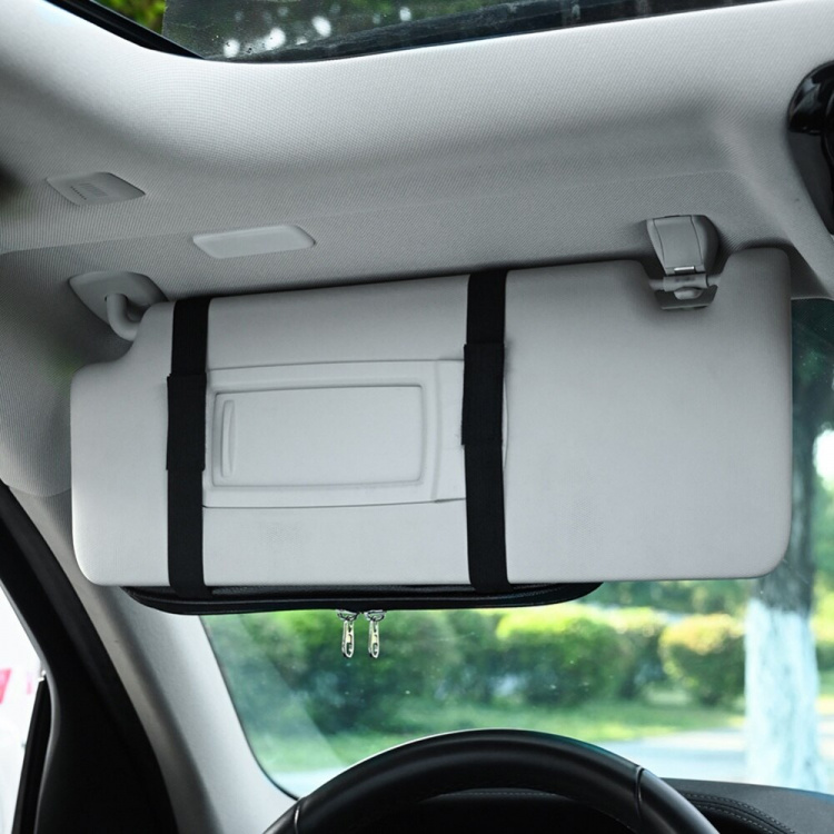 Multifunctional storage bag for car sunshade, Black. Multifunctional storage bag for car sunshade, Black.