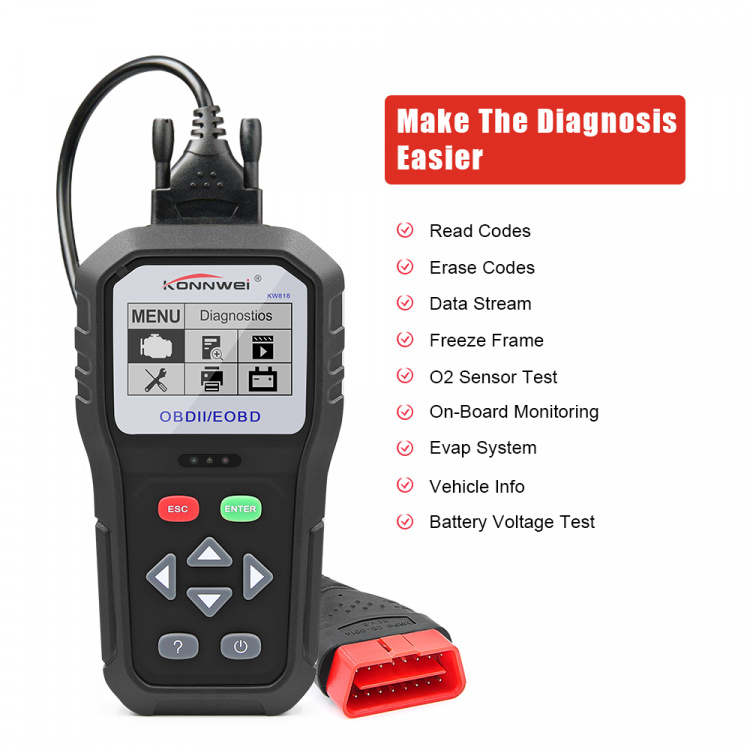 Konnwei KW818 OBD2 Error code reader for all cars, 12V