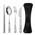Knife, fork, spoon & chopsticks in stainless steel.