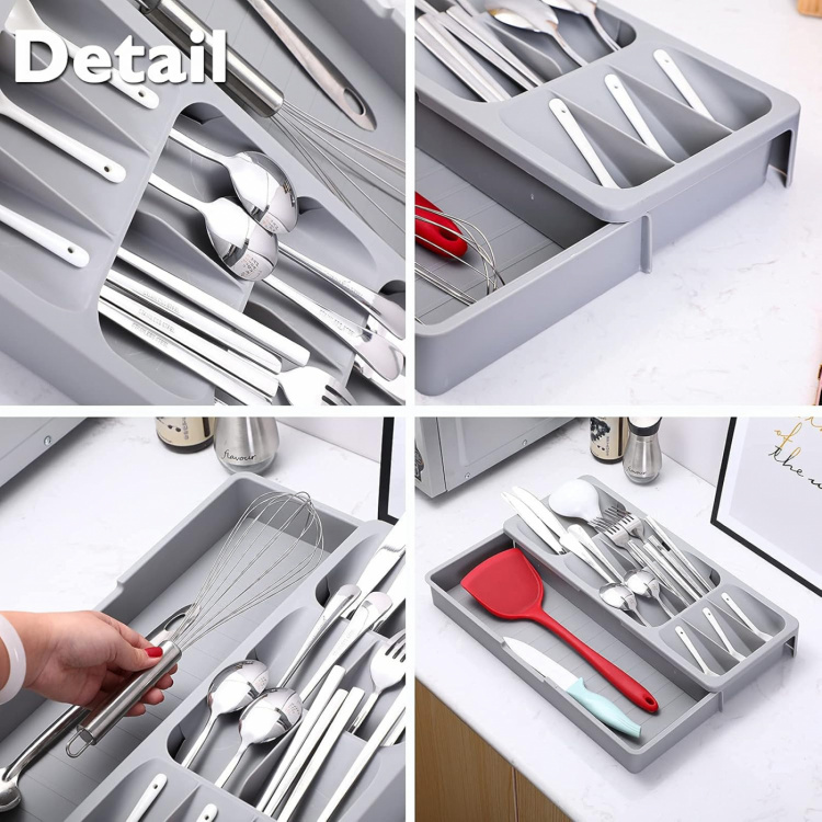 Cutlery drawer with compartments, gray. Cutlery drawer with compartments, gray.