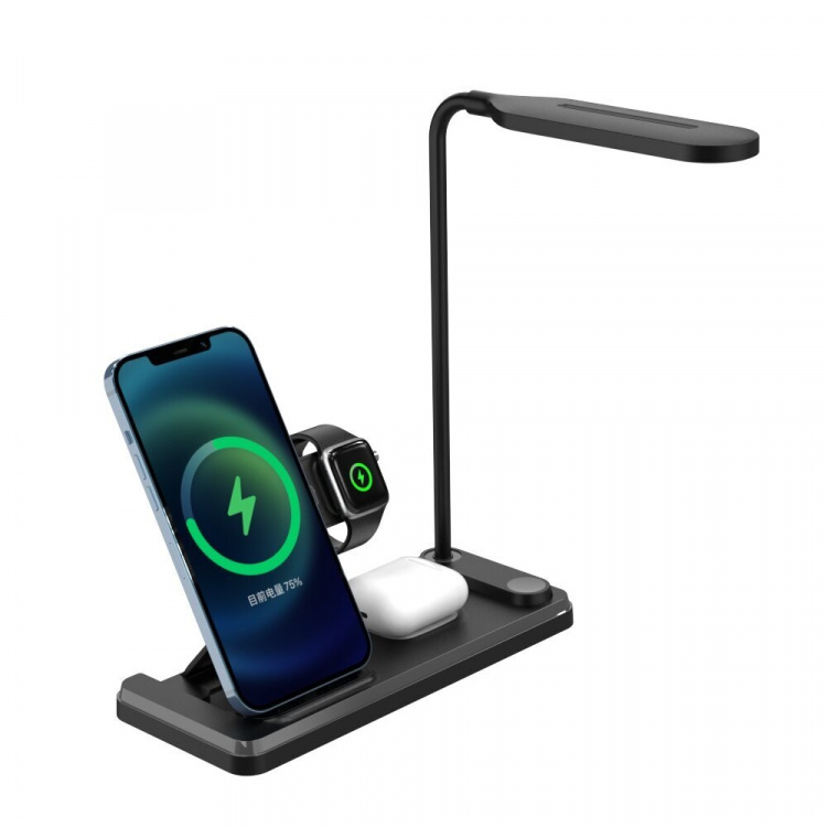 Multifunctional 3-in-1 Wireless Charging Station with Desk Lamp, Black Multifunctional 3-in-1 Wireless Charging Station with Desk Lamp, Black
