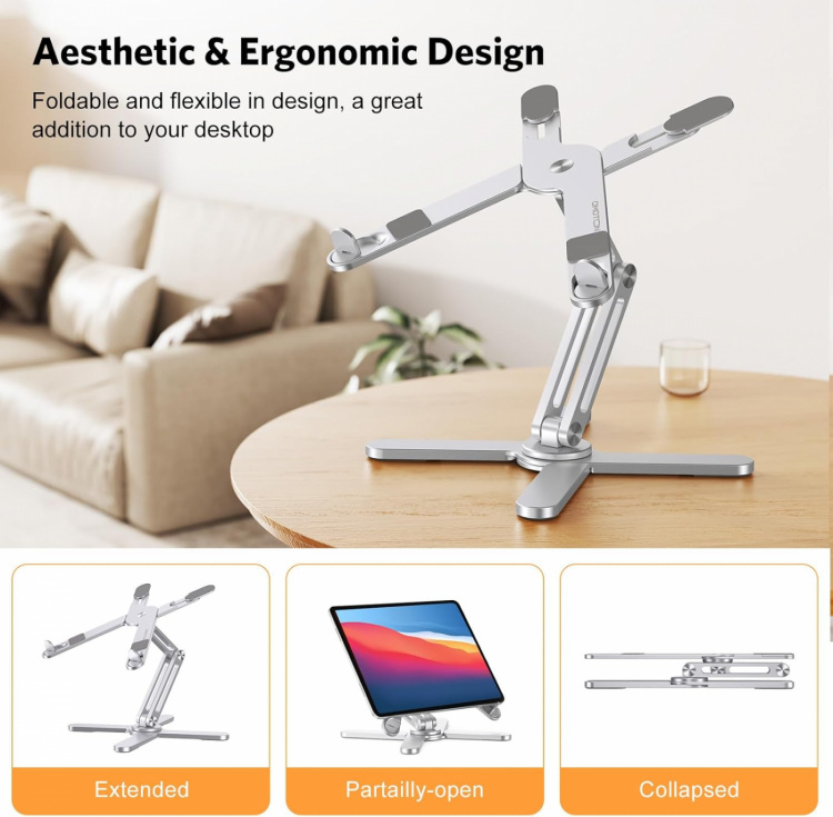 Height adjustable laptop stand, foldable, rotatable 360°, Silver