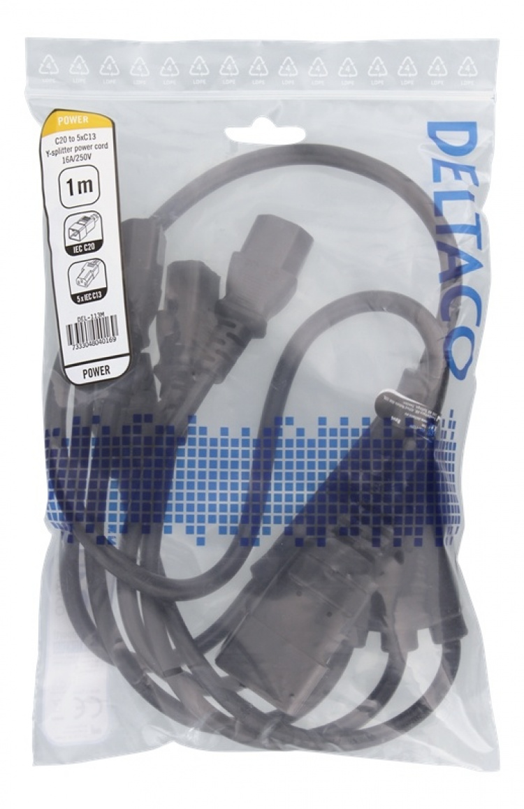 DELTACO IEC C20 to 5x IEC C13 Power cable, 1m, 16A/250V, Y-Splitter, b DELTACO IEC C20 to 5x IEC C13 Power cable, 1m, 16A/250V, Y-Splitter, b