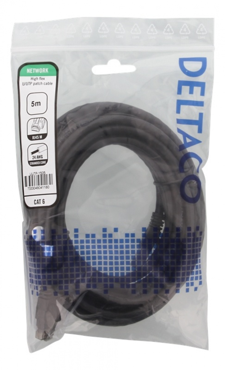 DELTACO High Flexible U/UTP Cat.6 patch cable, 24AWG, TPE, 5m, Black DELTACO High Flexible U/UTP Cat.6 patch cable, 24AWG, TPE, 5m, Black