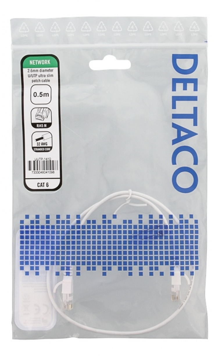 DELTACO Ultra Slim U/UTP Cat.6 patch cable, OD:2.6mm, 0.5m, white DELTACO Ultra Slim U/UTP Cat.6 patch cable, OD:2.6mm, 0.5m, white