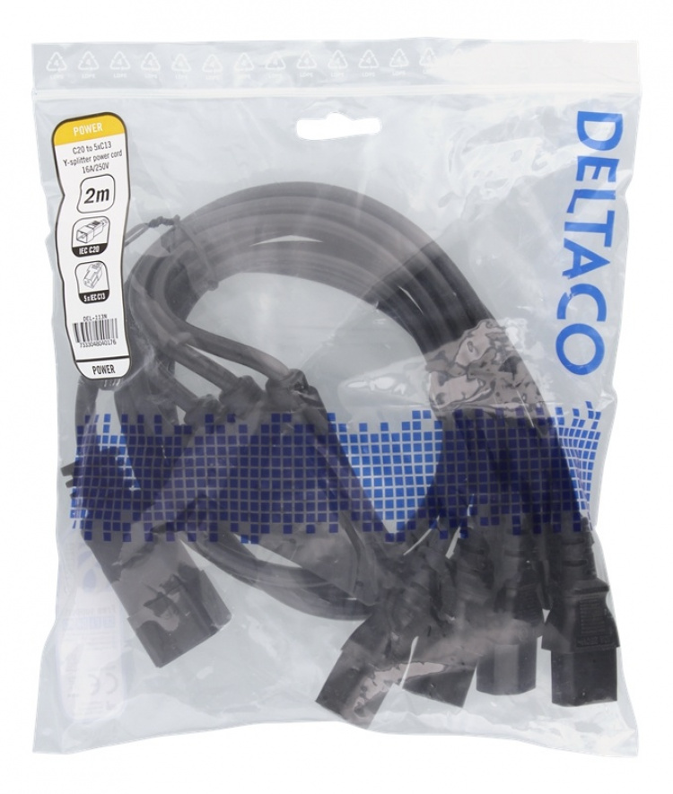 DELTACO IEC C20 to 5x IEC C13 Power cable, 2m, 16A/250V, Y-Splitter, b DELTACO IEC C20 to 5x IEC C13 Power cable, 2m, 16A/250V, Y-Splitter, b