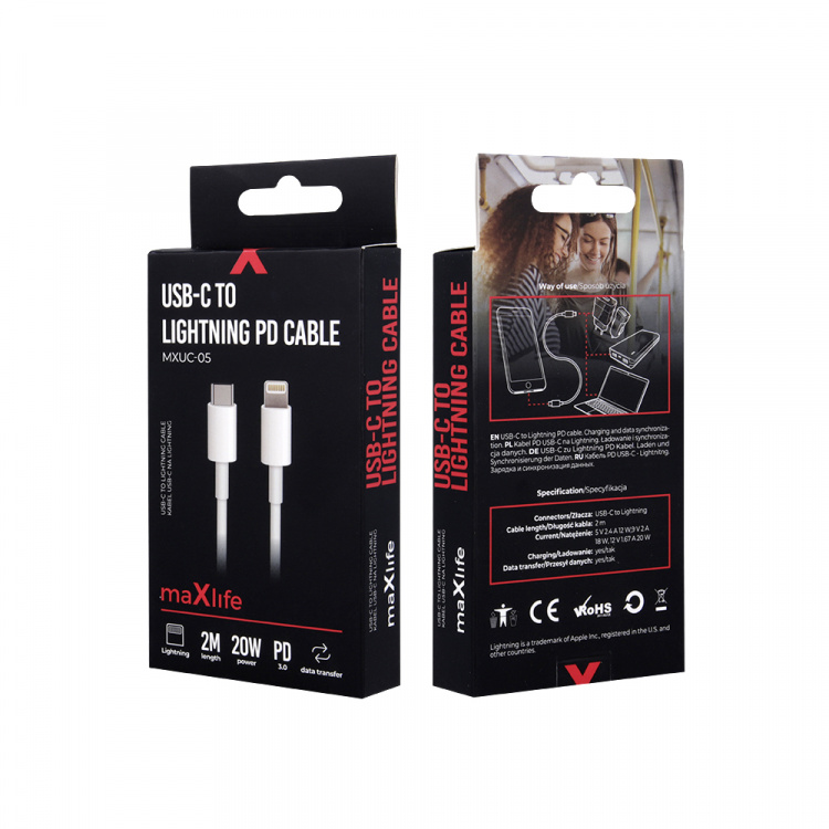 Maxlife MXUC-05 Power Direct USB-C to Lightning cable 2.0 m 20W, White