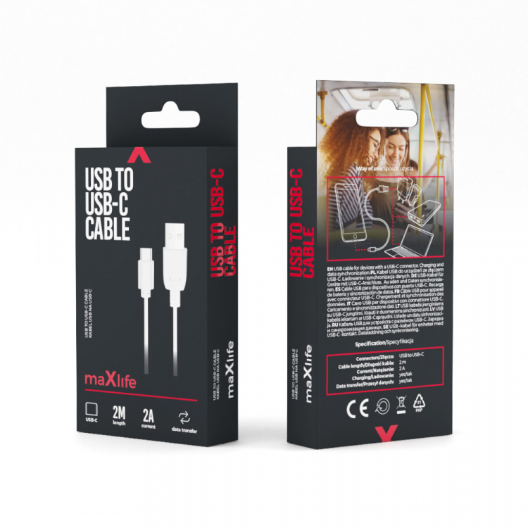 Maxlife cable USB - USB-C 2,0 m 2A, White