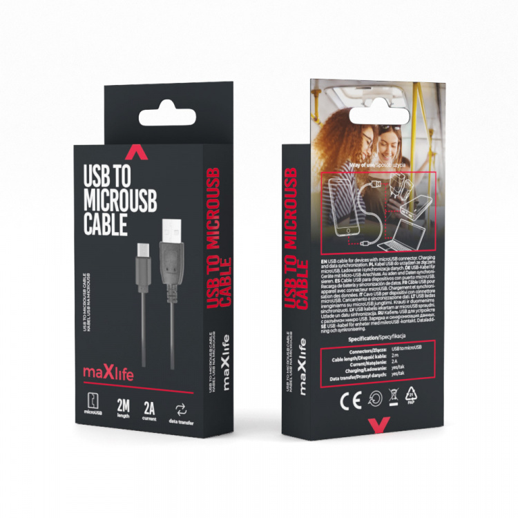 Maxlife kabel USB - microUSB 2,0 m 2A, Svart