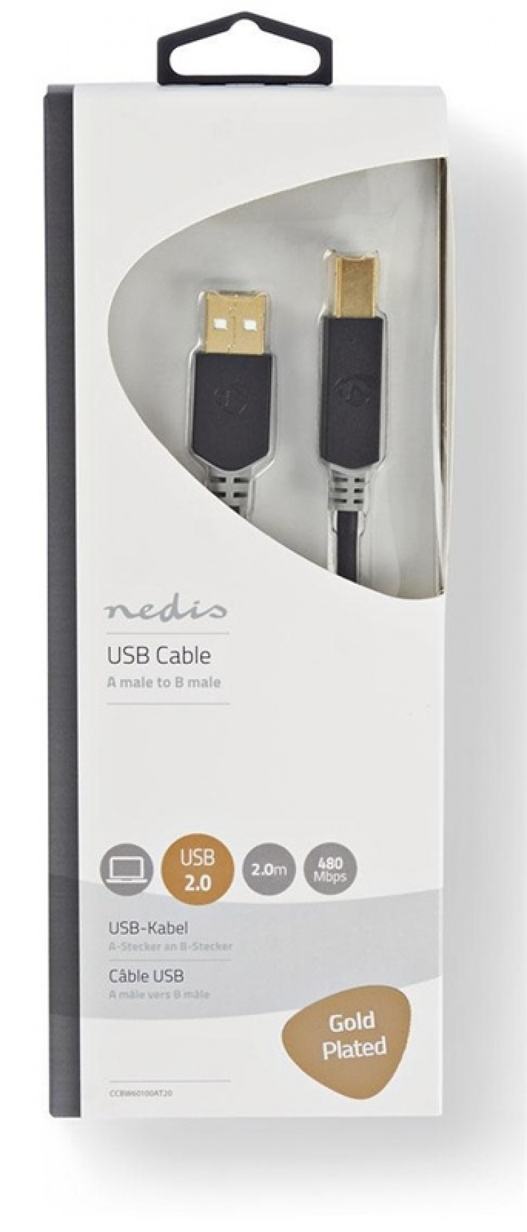 Nedis USB Cable | USB 2.0 | USB-A Male | USB-B Male | 480 Mbps | Gold Plated | 2.00 m | Round | PVC | Anthracite | Box Nedis USB Cable | USB 2.0 | USB-A Male | USB-B Male | 480 Mbps | Gold Plated | 2.00 m | Round | PVC | Anthracite | Box