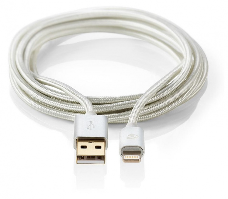 Nedis Lightning Cable | USB 2.0 | Apple Lightning 8-Pin | USB-A Male | 480 Mbps | Gold Plated | 3.00 m | Round | Braided / Nylon | Aluminium | Cover Window Box Nedis Lightning Cable | USB 2.0 | Apple Lightning 8-Pin | USB-A Male | 480 Mbps | Gold Plated | 3.00 m | Round | Braided / Nylon | Aluminium | Cover Window Box