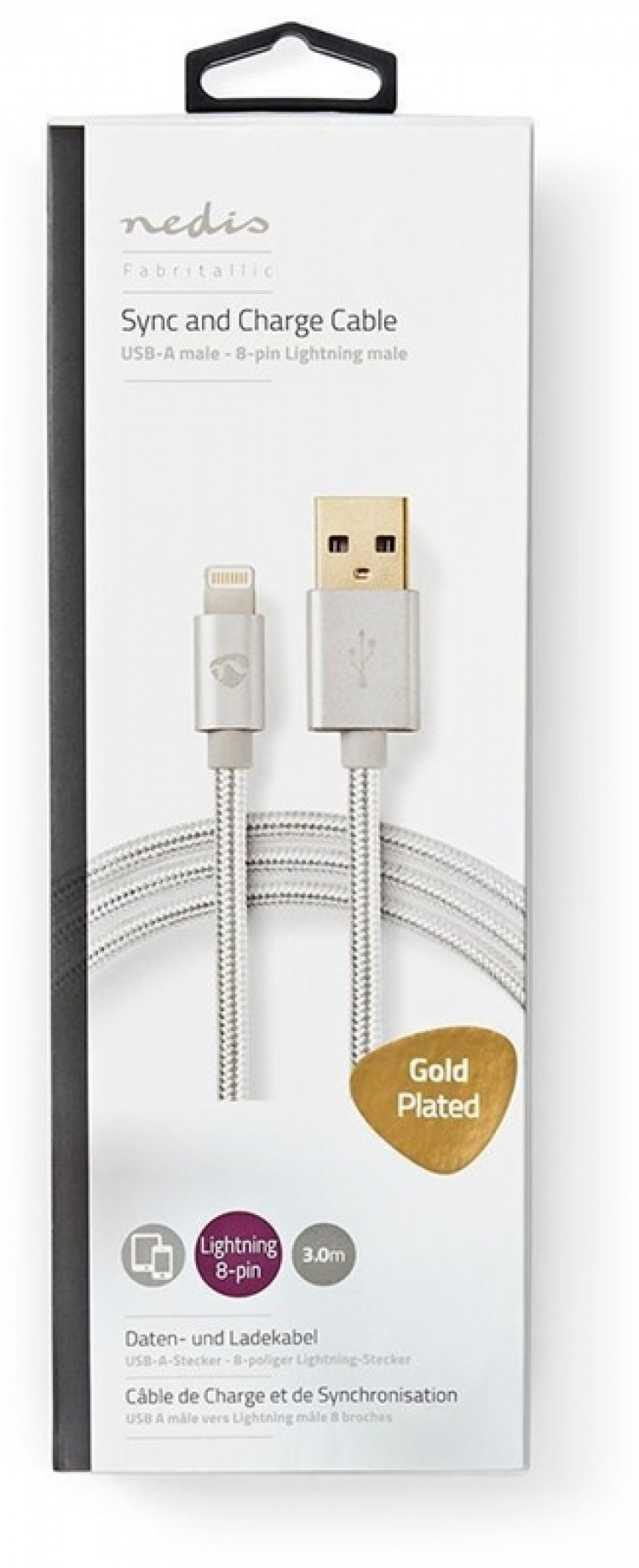 Nedis Lightning Cable | USB 2.0 | Apple Lightning 8-Pin | USB-A Male | 480 Mbps | Gold Plated | 3.00 m | Round | Braided / Nylon | Aluminium | Cover Window Box Nedis Lightning Cable | USB 2.0 | Apple Lightning 8-Pin | USB-A Male | 480 Mbps | Gold Plated | 3.00 m | Round | Braided / Nylon | Aluminium | Cover Window Box