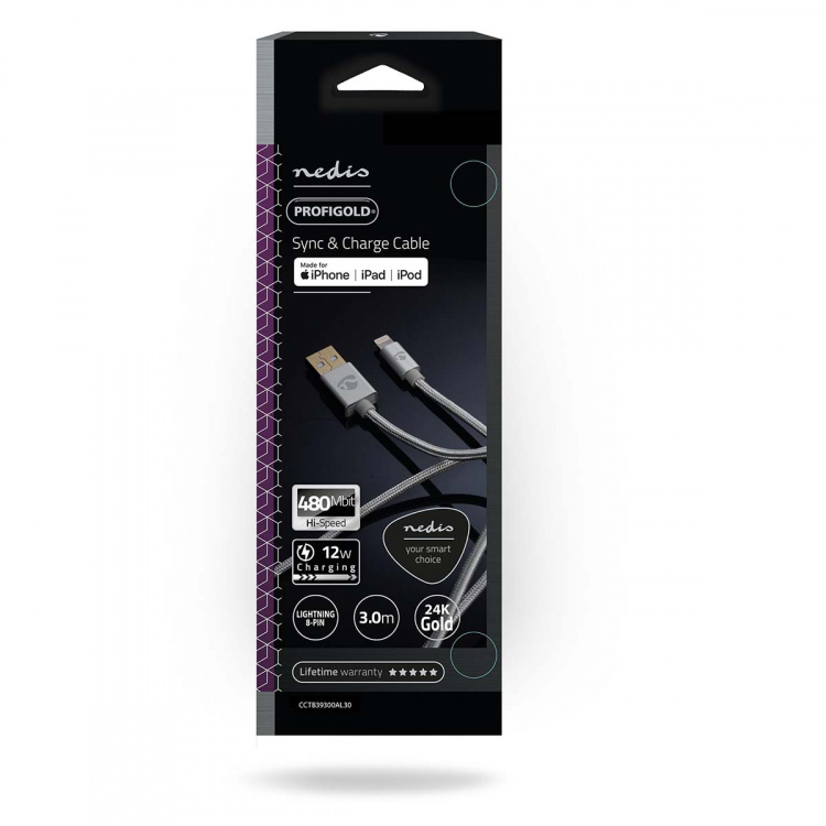 Nedis Lightning Cable | USB 2.0 | Apple Lightning 8-Pin | USB-A Male | 480 Mbps | Gold Plated | 3.00 m | Round | Braided / Nylon | Aluminium | Cover Window Box Nedis Lightning Cable | USB 2.0 | Apple Lightning 8-Pin | USB-A Male | 480 Mbps | Gold Plated | 3.00 m | Round | Braided / Nylon | Aluminium | Cover Window Box