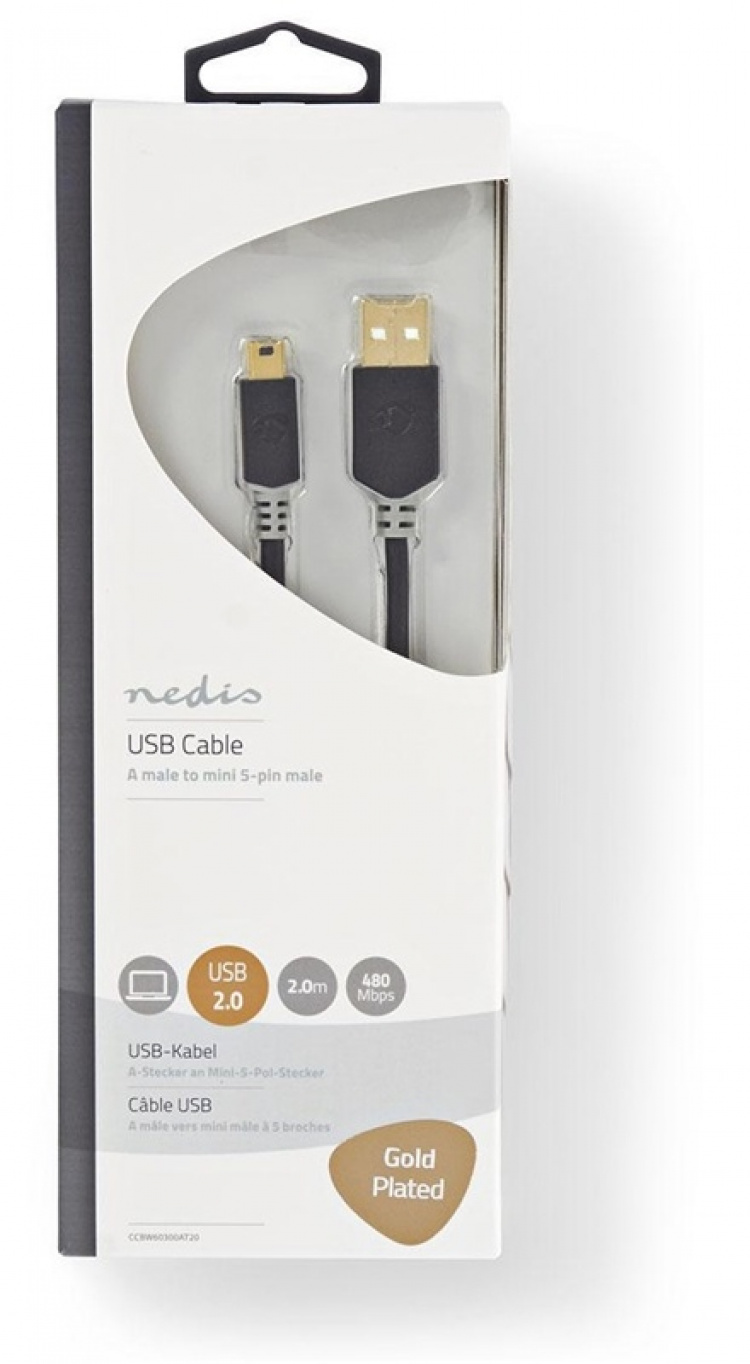 Nedis USB Cable | USB 2.0 | USB-A Male | USB Mini-B 5 pin Male | 480 Mbps | Gold Plated | 2.00 m | Round | PVC | Anthracite | Window Box Nedis USB Cable | USB 2.0 | USB-A Male | USB Mini-B 5 pin Male | 480 Mbps | Gold Plated | 2.00 m | Round | PVC | Anthracite | Window Box