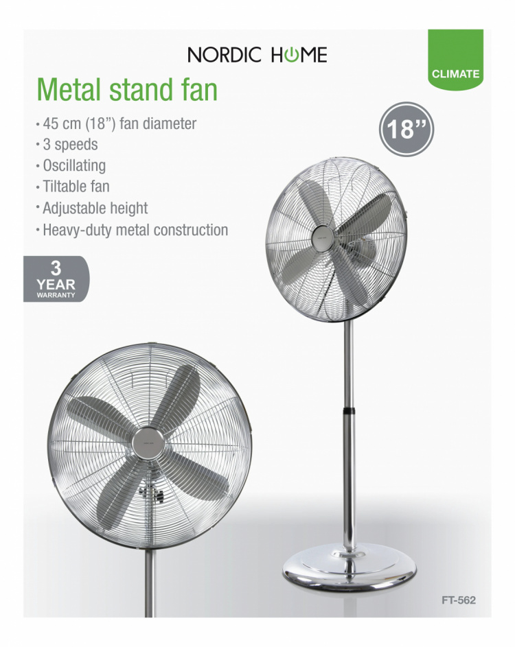 NORDIC HOME Kraftfull Golvfläkt i metall, 60W, 450mm, 3-lägen, Krom