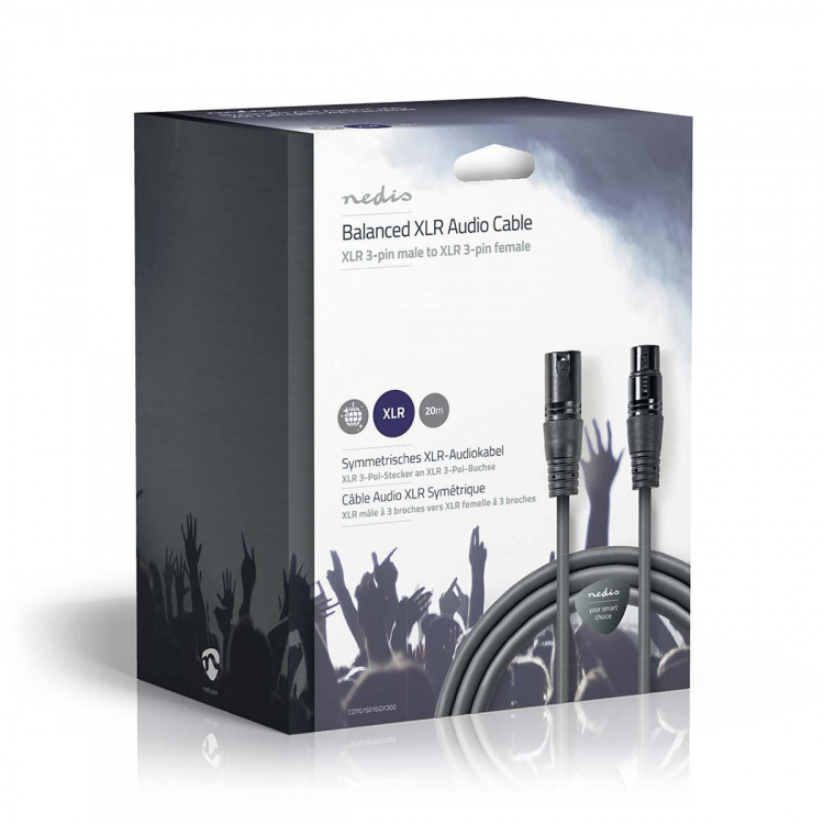 Nedis Balanced Audio Cable | XLR 3-Pin Male | XLR 3-Pin Female | Nickel Plated | 20.0 m | Round | PVC | Dark Grey | Gift Box