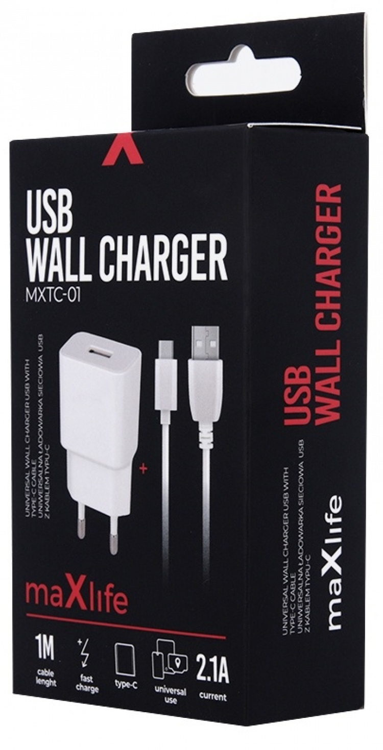 Maxlife USB fast charger + USB-C cable, white (2.1A)