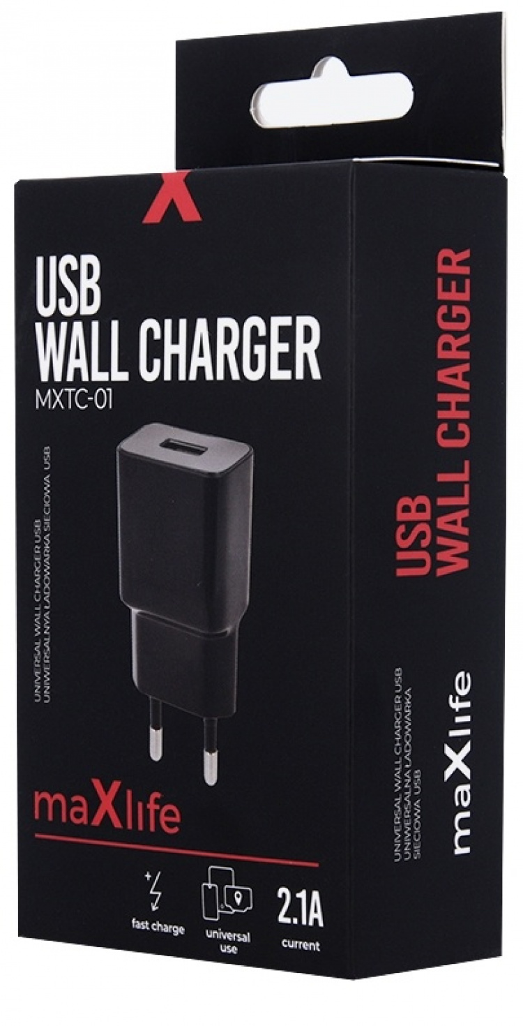 Maxlife USB Fast Charger MXTC-01, with Fast Charge, 2.1A, black Maxlife USB Fast Charger MXTC-01, with Fast Charge, 2.1A, black