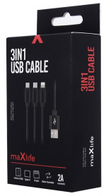 3in1 USB Fast Charging Cable - microUSB/USB-C/Lightning (2.1A), Black