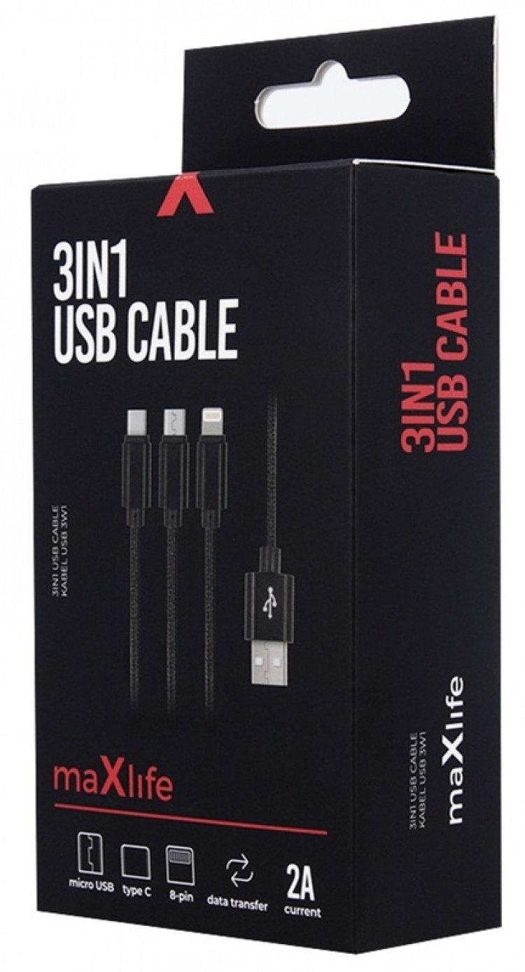 3in1 USB Fast Charging Cable - microUSB/USB-C/Lightning (2.1A), Black