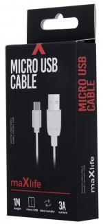 Maxlife microUSB laddkabel för snabbladdning, 3A, 1m, vit Maxlife microUSB laddkabel för snabbladdning, 3A, 1m, vit
