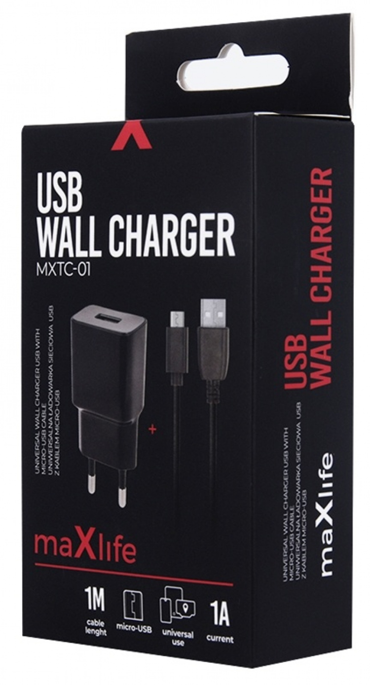 Maxlife Wall charger MXTC-01 USB (1A) + microUSB cable, Black Maxlife Wall charger MXTC-01 USB (1A) + microUSB cable, Black