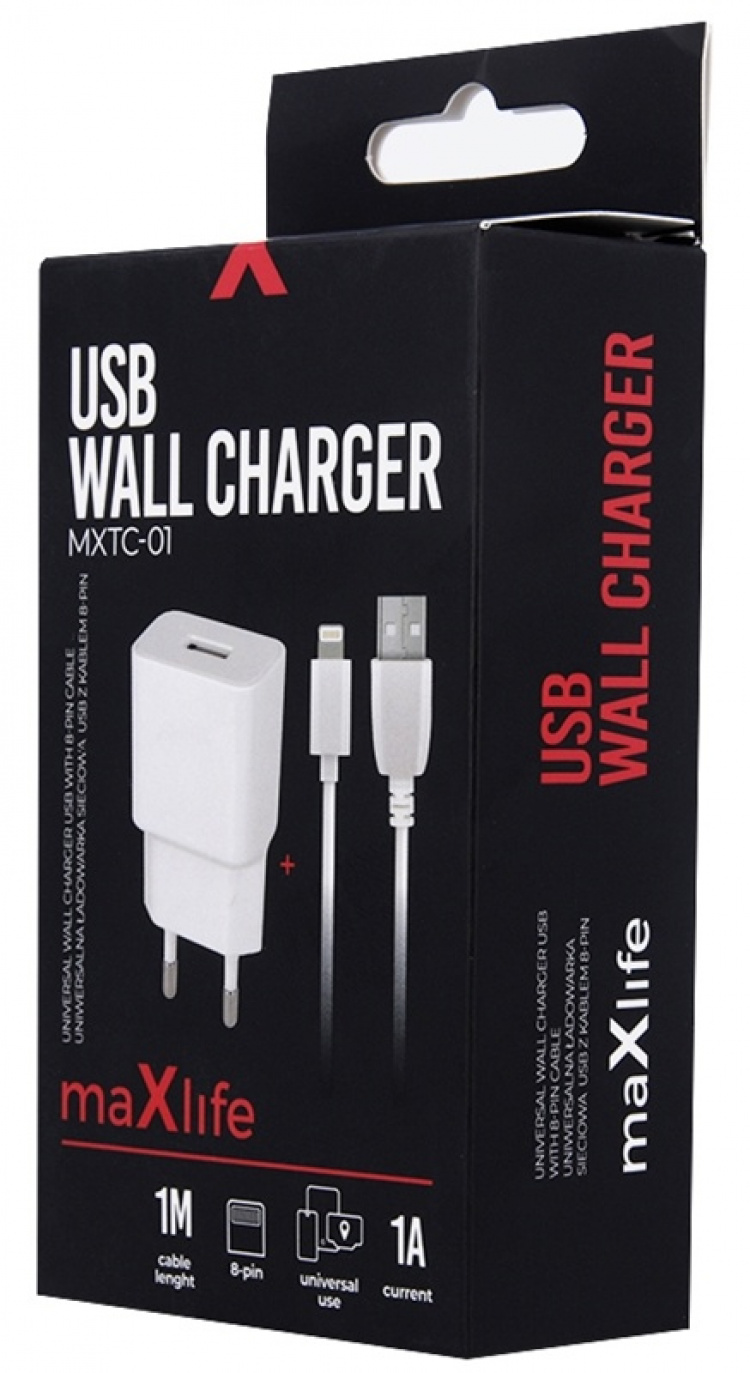 Maxlife Wall charger MXTC-01 USB (1A) + Lightning cable, white