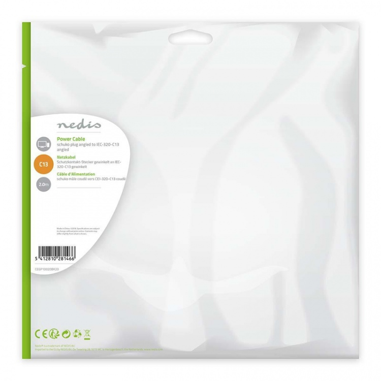 Nedis Power Cable | Plug with earth contact male | IEC-320-C13 | Angled | Angled | Nickel Plated | 2.00 m | Round | PVC | Black | Envelope