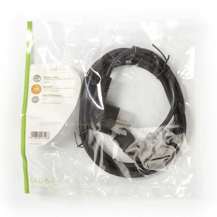 Nedis Power Cable | Plug with earth contact male | IEC-320-C13 | Angled | Angled | Nickel Plated | 2.00 m | Round | PVC | Black | Envelope