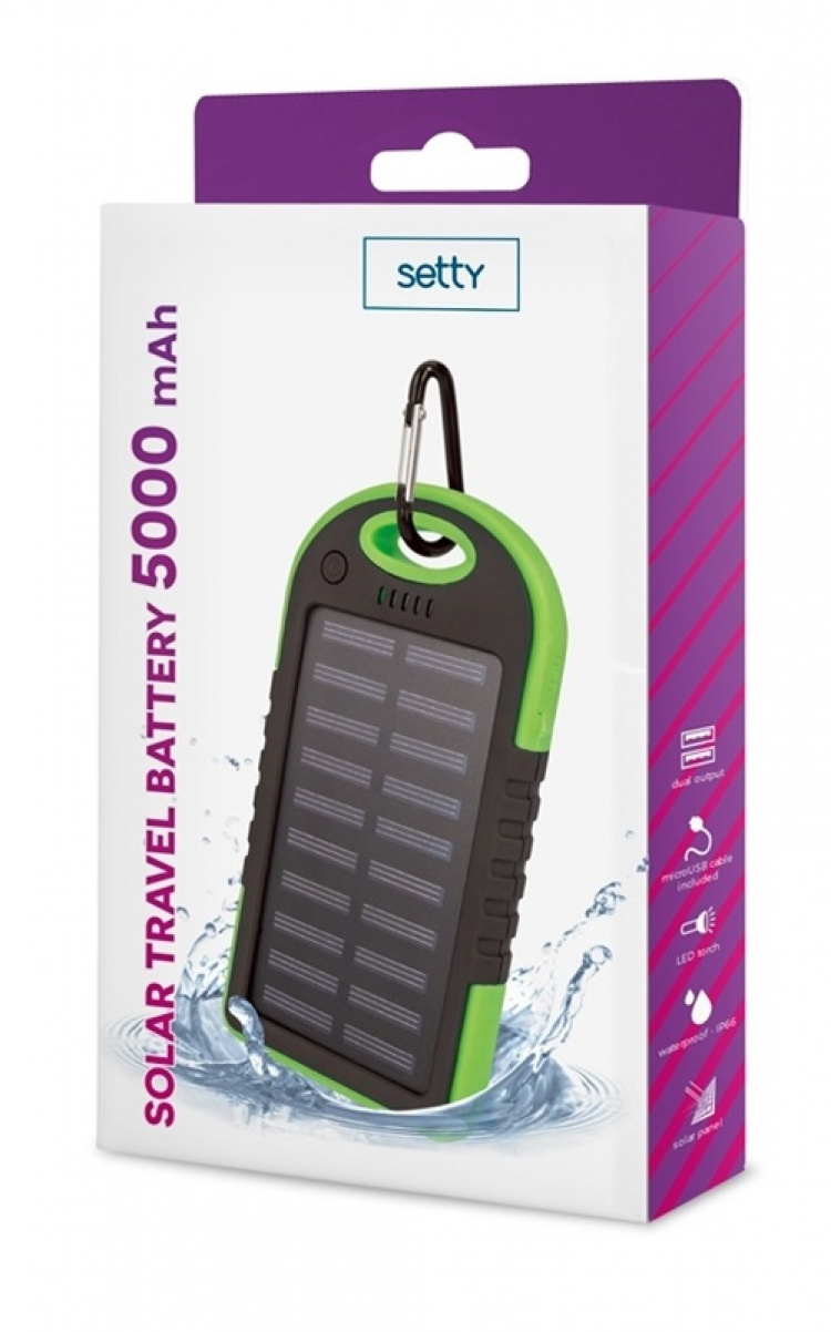 Setty powerbank with solar cells, 5000 mAh, Green