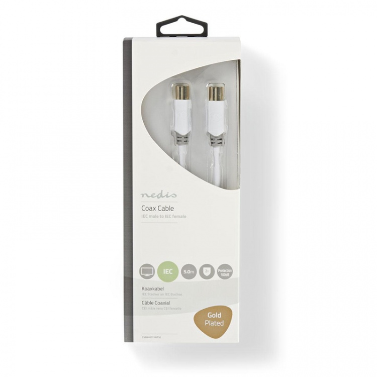 Nedis Coax Cable | IEC (Coax) Male | IEC (Coax) Female | Gold Plated | 100 dB | 75 Ohm | Double Shielded | 5.00 m | Round | PVC | White | Box Nedis Coax Cable | IEC (Coax) Male | IEC (Coax) Female | Gold Plated | 100 dB | 75 Ohm | Double Shielded | 5.00 m | Round | PVC | White | Box
