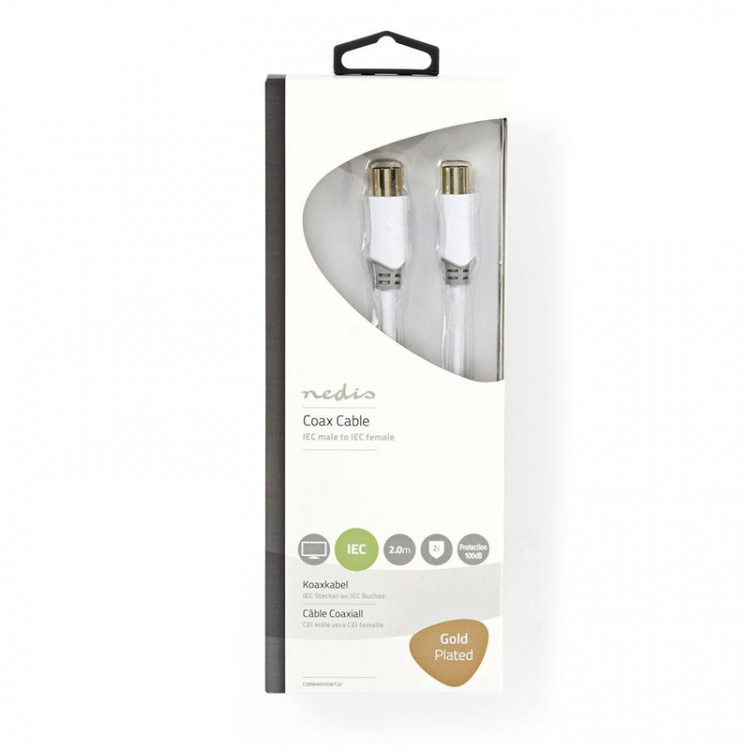 Nedis Coax Cable | IEC (Coax) Male | IEC (Coax) Female | Gold Plated | 100 dB | 75 Ohm | Double Shielded | 2.00 m | Round | PVC | White | Box