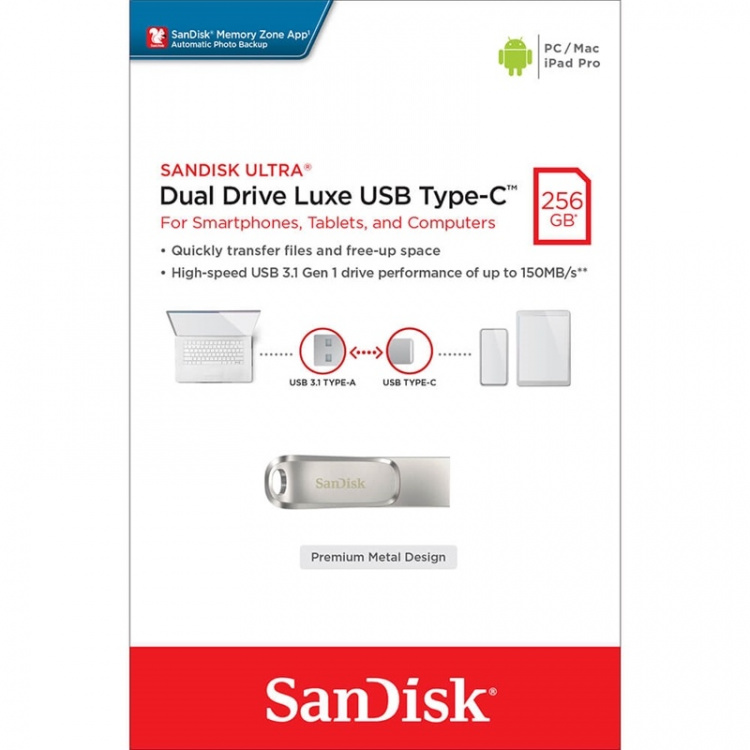SANDISK USB Dual Drive Luxe 256GB 150MB/s USB-C & USB 3.1 SANDISK USB Dual Drive Luxe 256GB 150MB/s USB-C & USB 3.1
