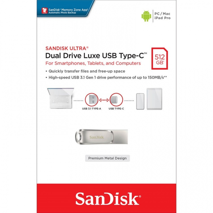 SANDISK USB Dual Drive Luxe 512GB 150MB/s USB-C & USB 3.1 SANDISK USB Dual Drive Luxe 512GB 150MB/s USB-C & USB 3.1