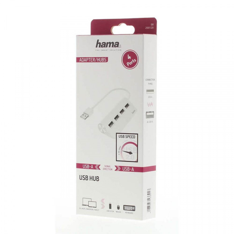 Hama Hub USB-A 2.0 4x Ports 480 Mbit/s White Hama Hub USB-A 2.0 4x Ports 480 Mbit/s White