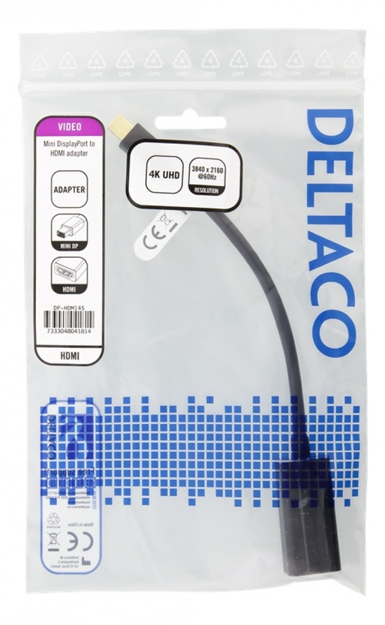 DELTACO Mini DisplayPort till HDMI adapter, 4K 60Hz, 0,2m, Svart
