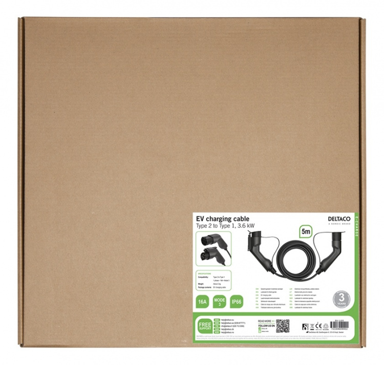 DELTACO EV-cable type 2 - type 1, 1 phase, 16A, 5M