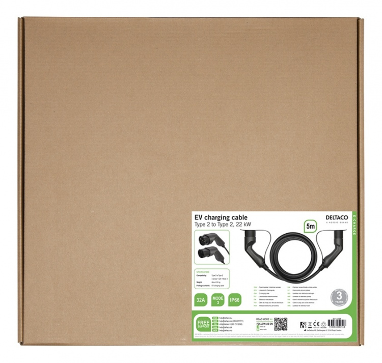 DELTACO EV-cable type 2 - type 2, 3 phase, 32A, 5M