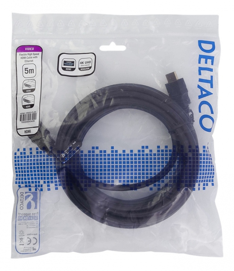 DELTACO flexible HDMI cable, 4K UltraHD at 30Hz, 5m, black DELTACO flexible HDMI cable, 4K UltraHD at 30Hz, 5m, black