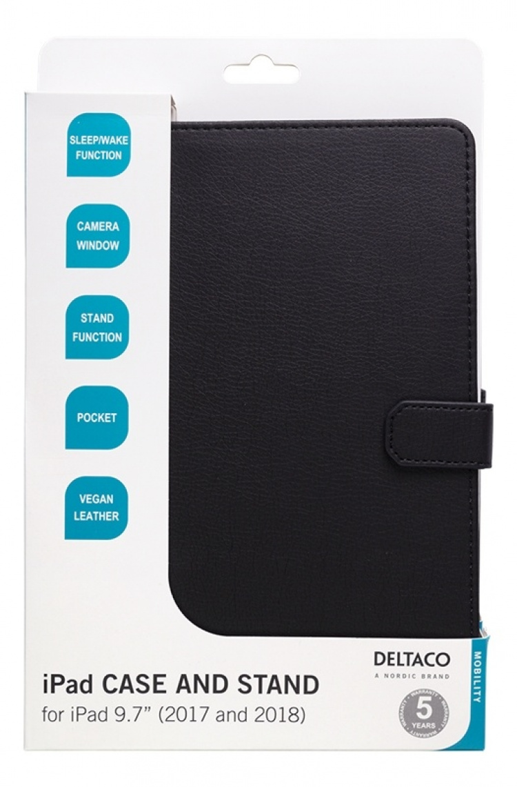 DELTACO iPad case, vegan leather, wake function, support, black DELTACO iPad case, vegan leather, wake function, support, black