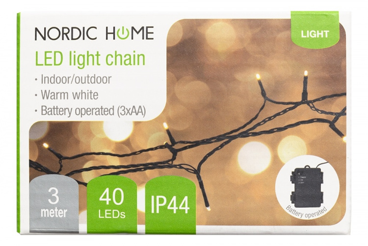 Light chain, 3 m, 40 LED, battrey, outdoor, ww