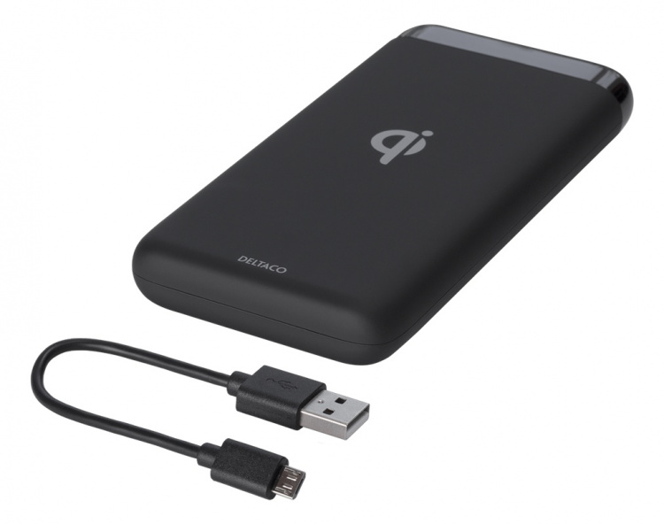 DELTACO power bank 10 000 mAh, Qi 10 W, USB-C PD, USB-A fast charging
