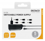DELTACO switchable power supply 100-240 V, 3-12 V, 600 mAh, 6 tips