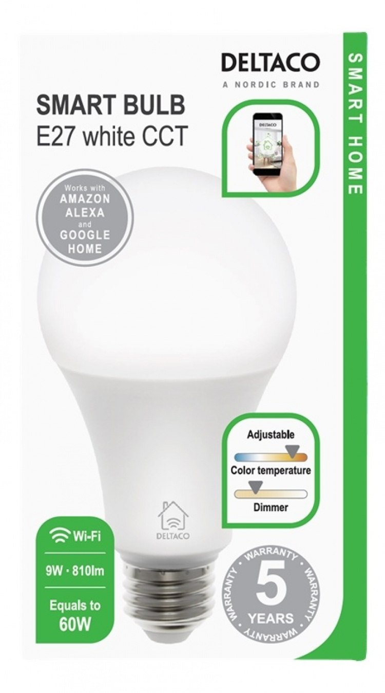 DELTACO SMART HOME LED light, E27, WiFI, 9W, 2700K-6500K, dimmable, wh